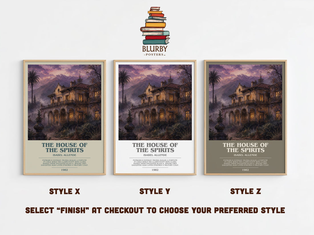 The House of the Spirits bookish print in frame leaning in hallway – literary fiction wall art (mockup)