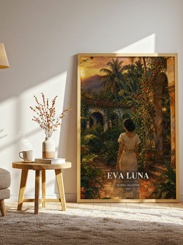 Eva Luna watercolour print in frame leaning in hallway – literary fiction wall art