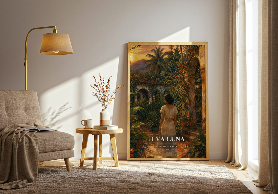 Eva Luna watercolour print in frame leaning in hallway – literary fiction wall art (mockup)