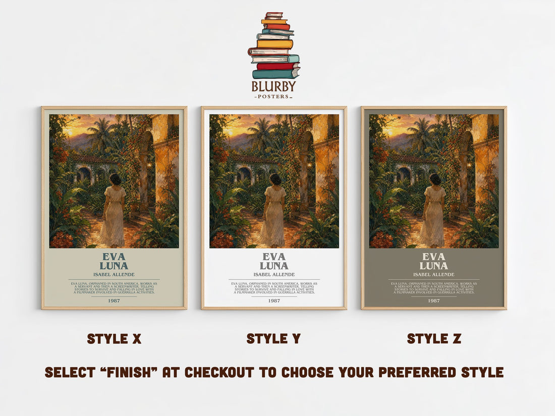 Eva Luna bookish print in frame leaning in hallway – literary fiction wall art (mockup)