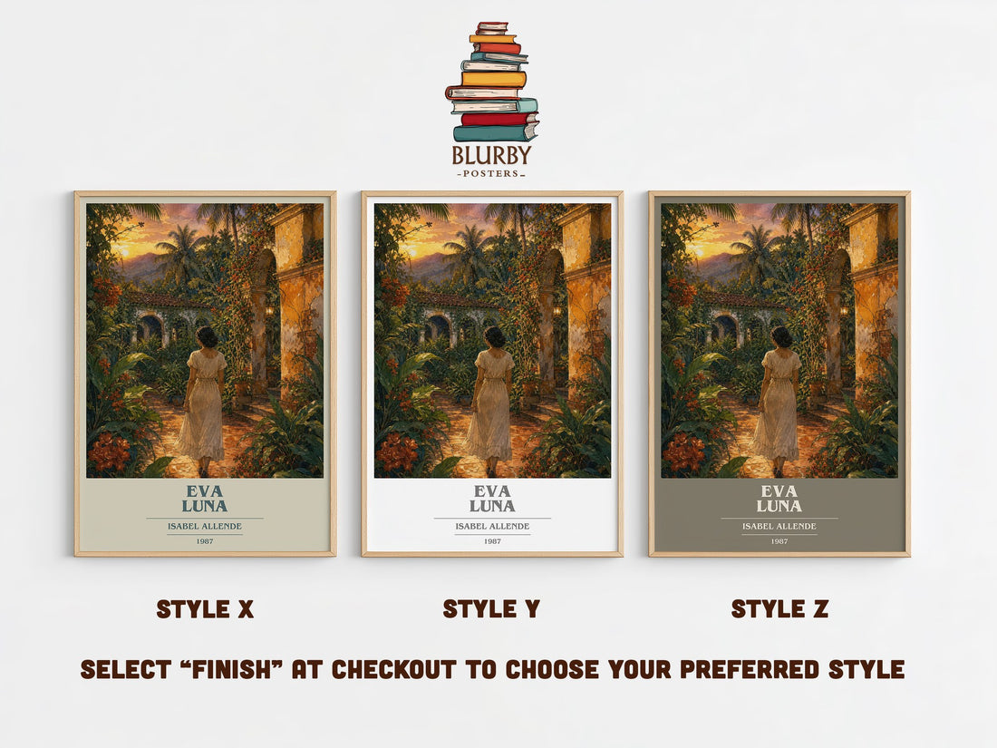 Eva Luna book cover print in frame leaning in hallway – literary fiction wall art (mockup)