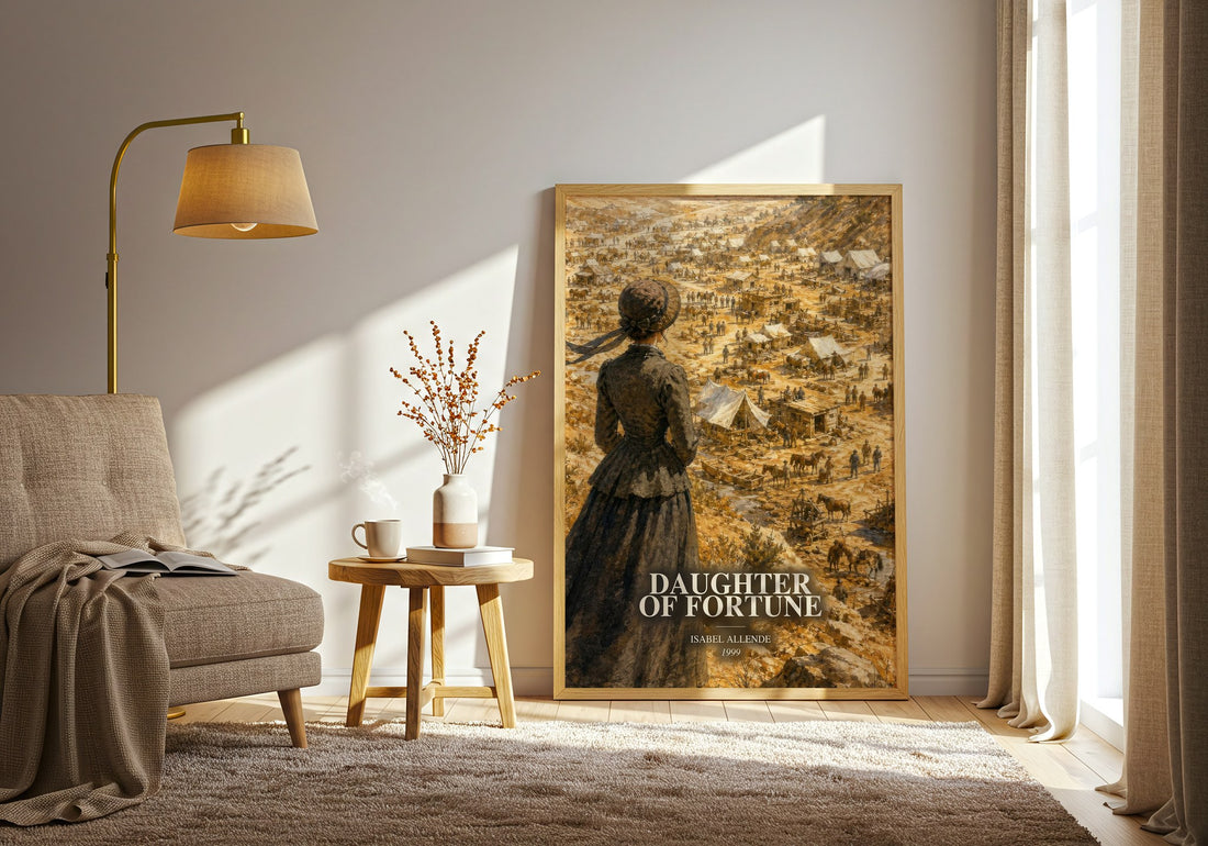 Daughter of Fortune watercolour print in frame leaning in hallway – historical fiction wall art (mockup)