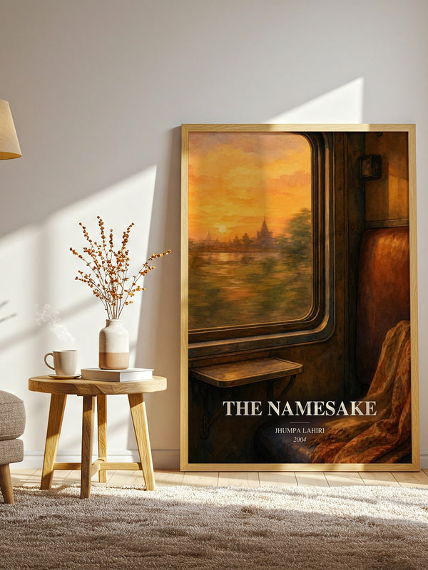 The Namesake watercolour print in frame leaning in hallway – literary fiction wall art