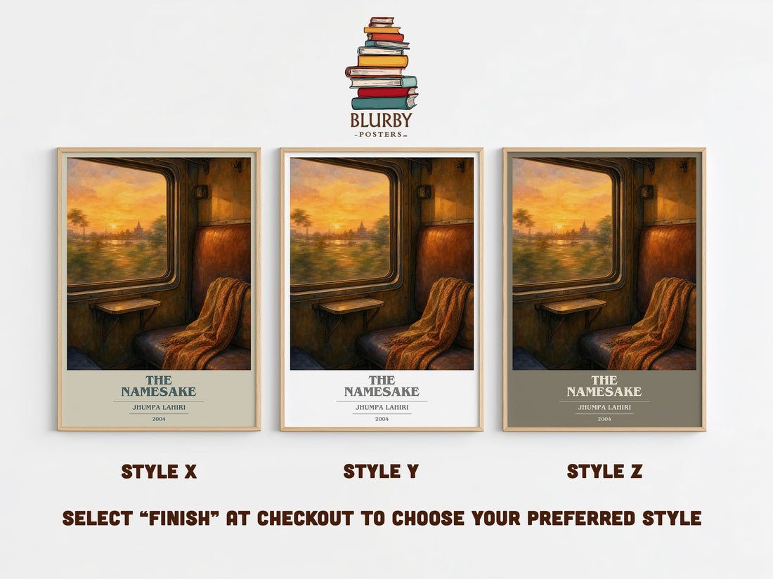 The Namesake book cover print in frame leaning in hallway – literary fiction wall art (mockup)