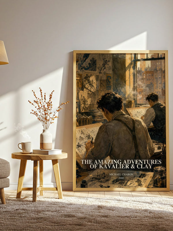 The Amazing Adventures of Kavalier & Clay watercolour print in frame leaning in hallway – literary fiction wall art
