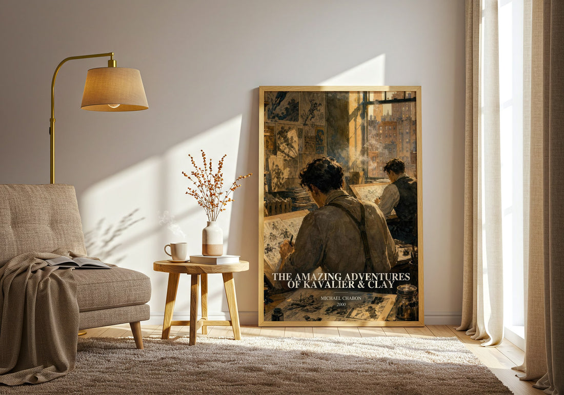 The Amazing Adventures of Kavalier & Clay watercolour print in frame leaning in hallway – literary fiction wall art (mockup)
