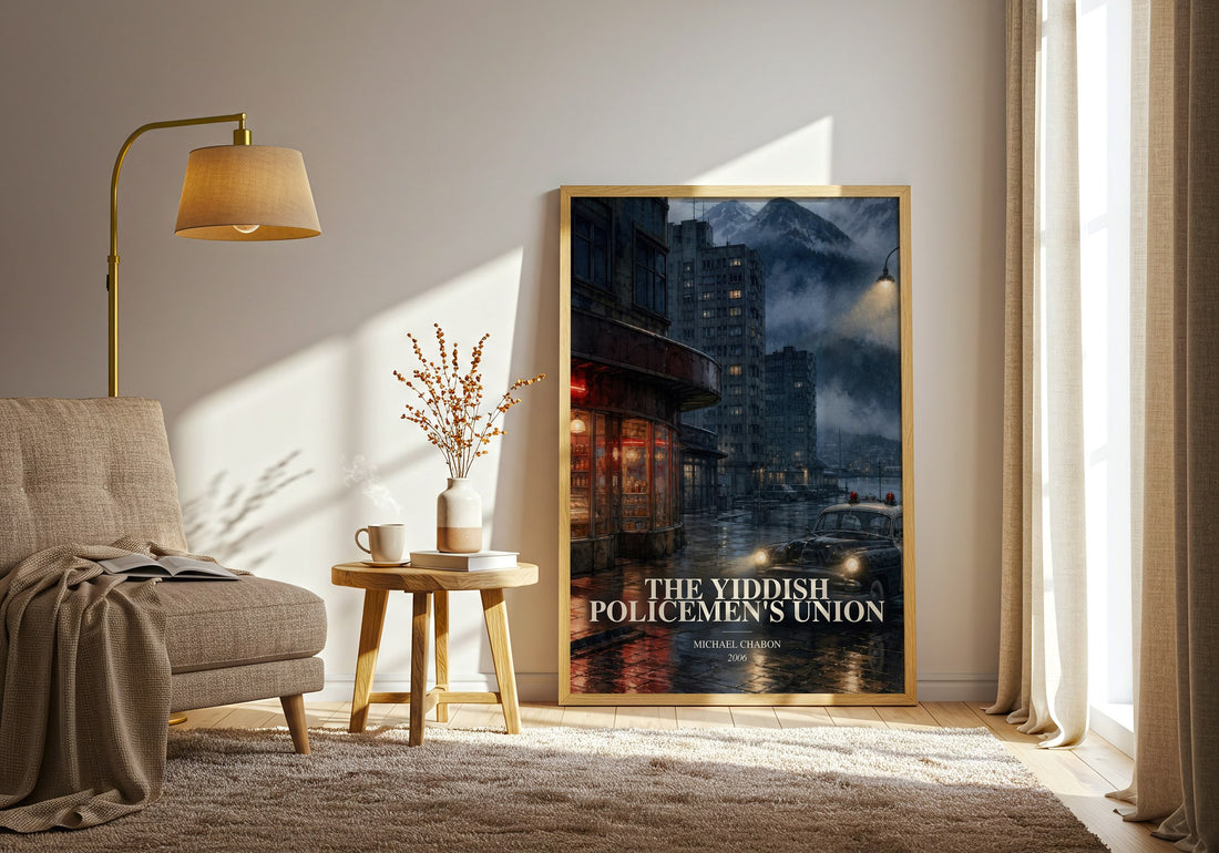 The Yiddish Policemen's Union watercolour print in frame leaning in hallway – mystery wall art (mockup)