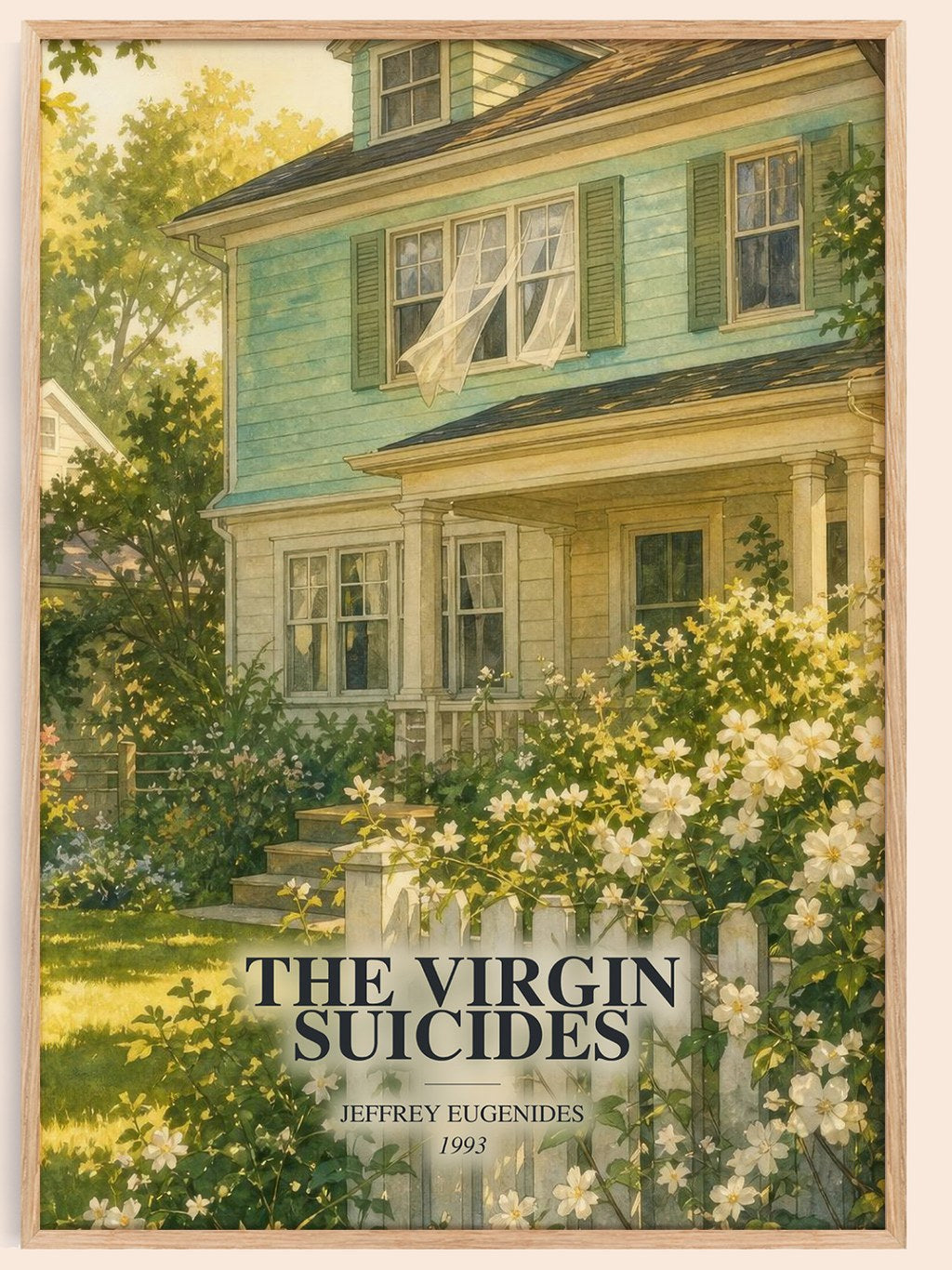 The Virgin Suicides watercolour book poster by Jeffrey Eugenides – framed literary art print