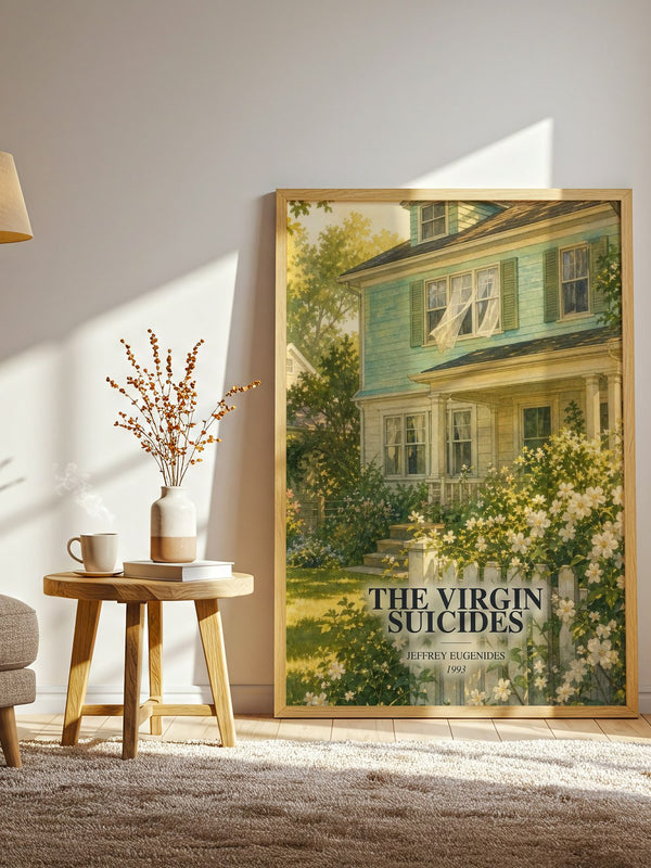 The Virgin Suicides watercolour print in frame leaning in hallway – literary fiction wall art