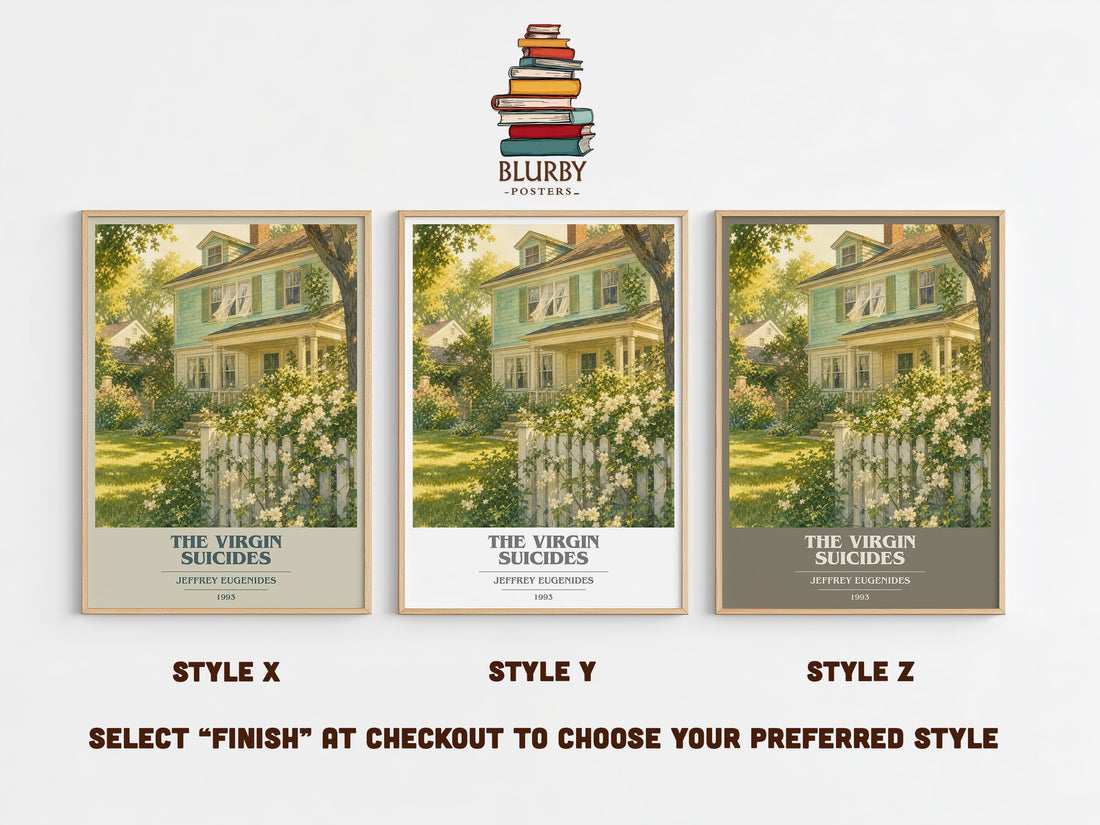 The Virgin Suicides book cover print in frame leaning in hallway – literary fiction wall art (mockup)