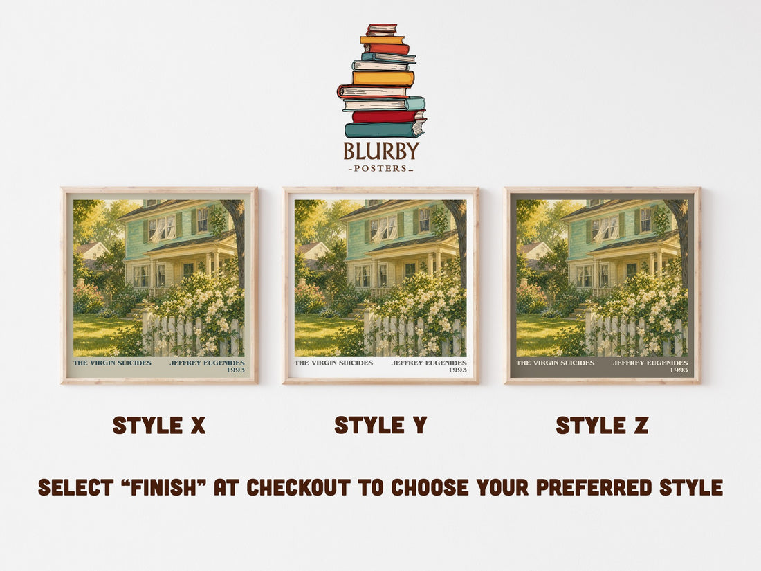 The Virgin Suicides literary print in frame leaning in hallway – literary fiction wall art (mockup)