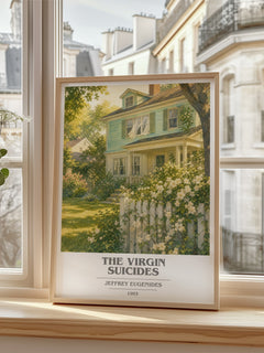 The Virgin Suicides Book Cover Poster by Jeffrey Eugenides – framed print by a bright window