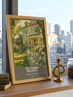 The Virgin Suicides Book Cover Poster by Jeffrey Eugenides – framed print on a city-view windowsill