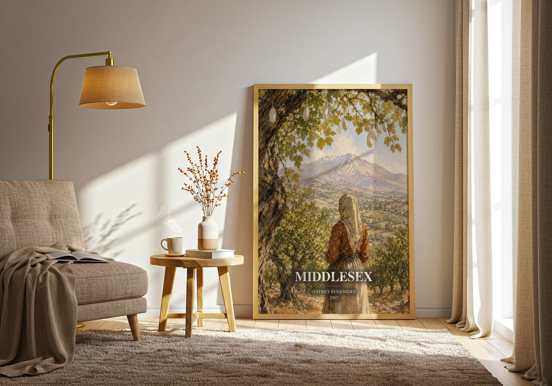 Middlesex watercolour print in frame leaning in hallway – literary fiction wall art (mockup)