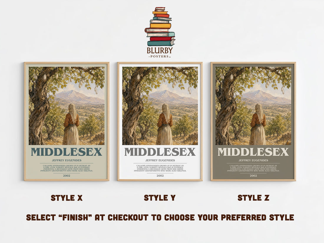 Middlesex bookish print in frame leaning in hallway – literary fiction wall art (mockup)