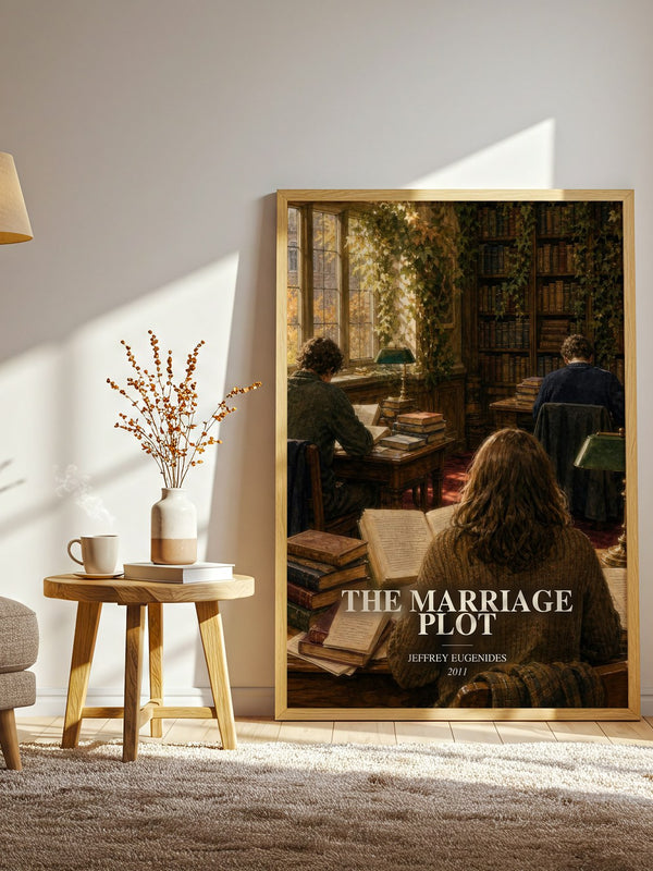 The Marriage Plot watercolour print in frame leaning in hallway – literary fiction wall art