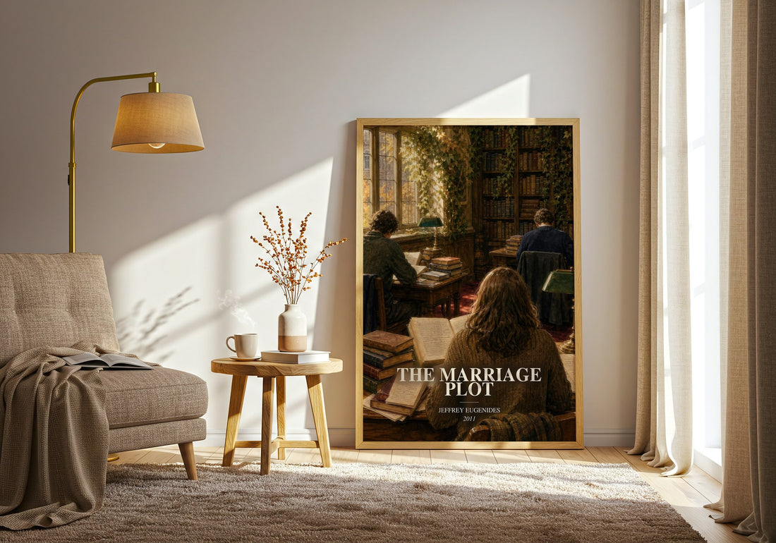 The Marriage Plot watercolour print in frame leaning in hallway – literary fiction wall art (mockup)