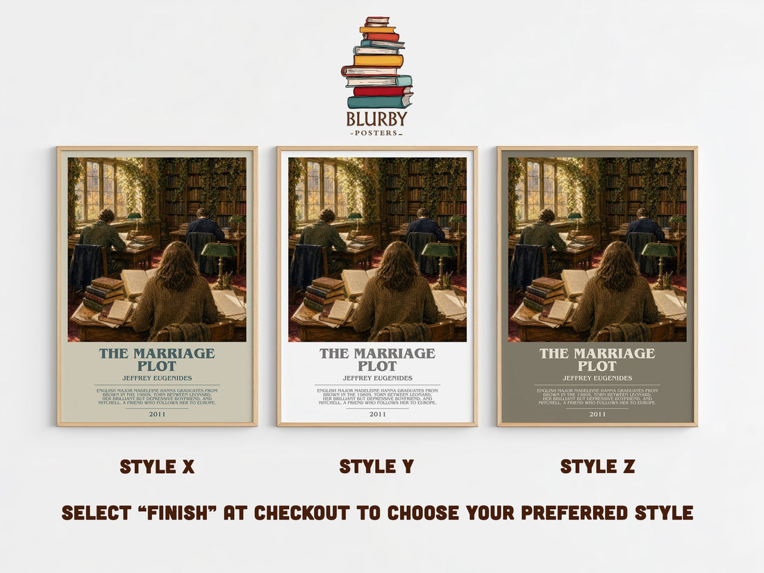 The Marriage Plot bookish print in frame leaning in hallway – literary fiction wall art (mockup)