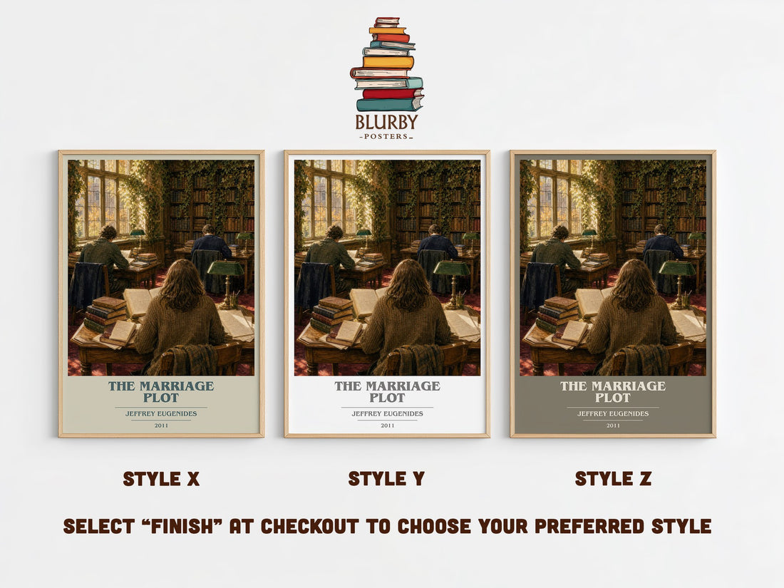 The Marriage Plot book cover print in frame leaning in hallway – literary fiction wall art (mockup)