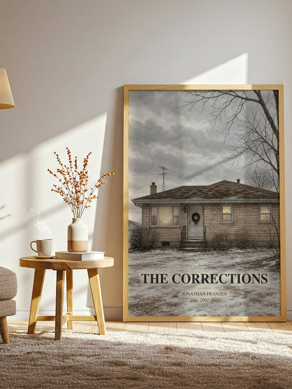 The Corrections watercolour print in frame leaning in hallway – literary fiction wall art