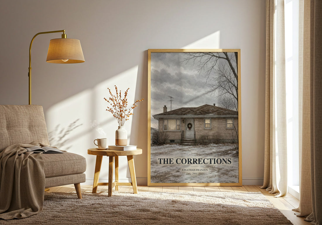 The Corrections watercolour print in frame leaning in hallway – literary fiction wall art (mockup)