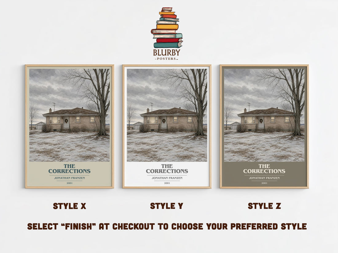 The Corrections book cover print in frame leaning in hallway – literary fiction wall art (mockup)