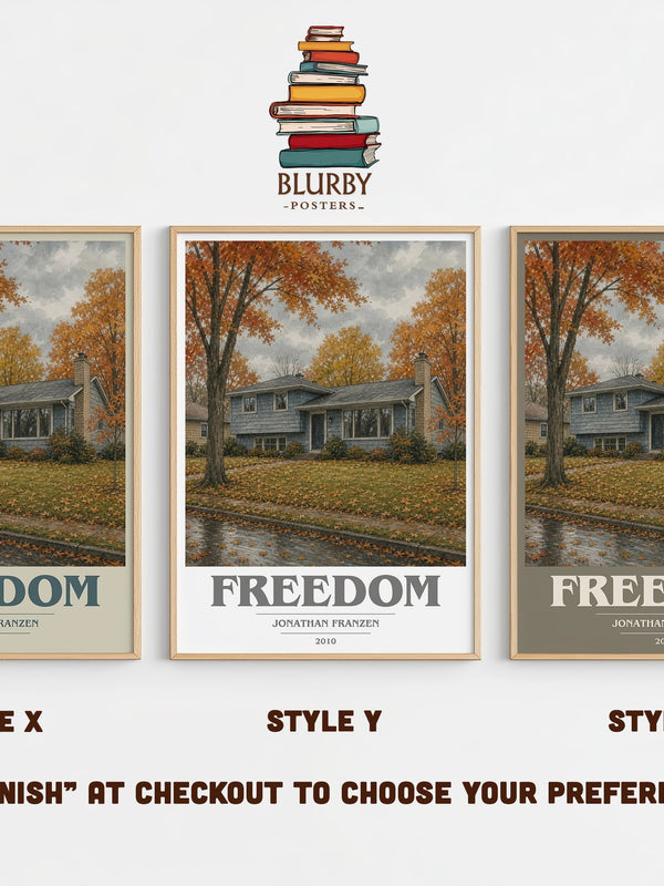 Freedom book cover print in frame leaning in hallway – literary fiction wall art