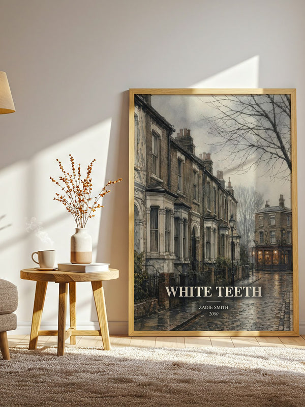 White Teeth watercolour print in frame leaning in hallway – contemporary fiction wall art