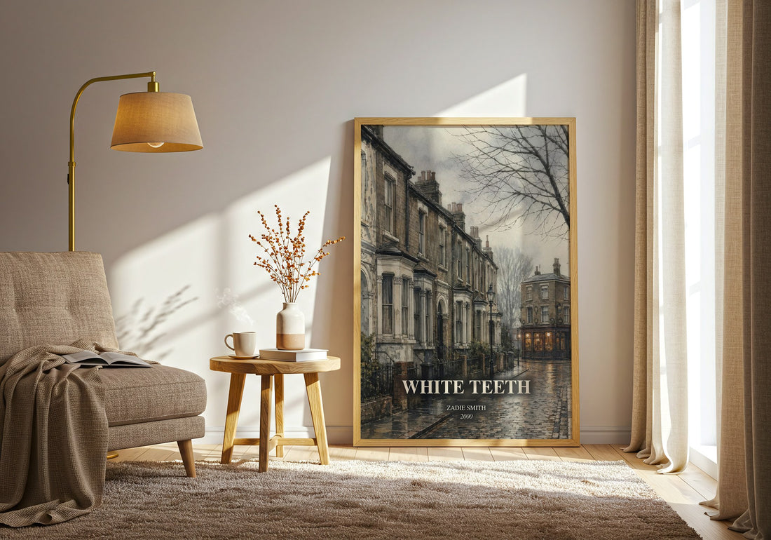 White Teeth watercolour print in frame leaning in hallway – contemporary fiction wall art (mockup)