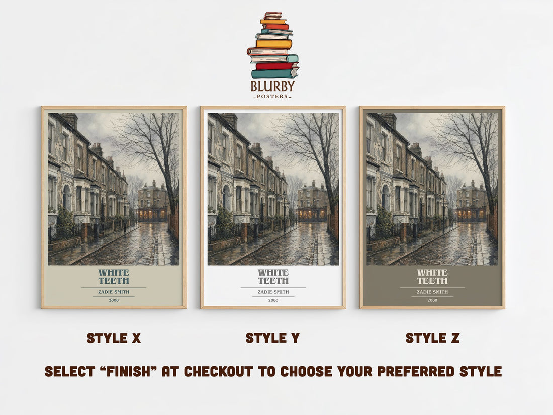 White Teeth book cover print in frame leaning in hallway – contemporary fiction wall art (mockup)