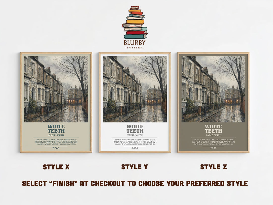 White Teeth bookish print in frame leaning in hallway – contemporary fiction wall art (mockup)