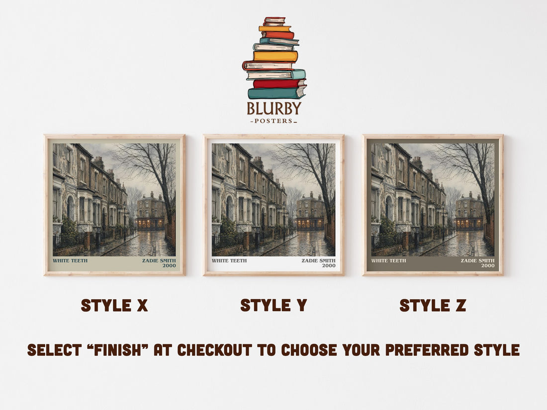 White Teeth literary print in frame leaning in hallway – contemporary fiction wall art (mockup)