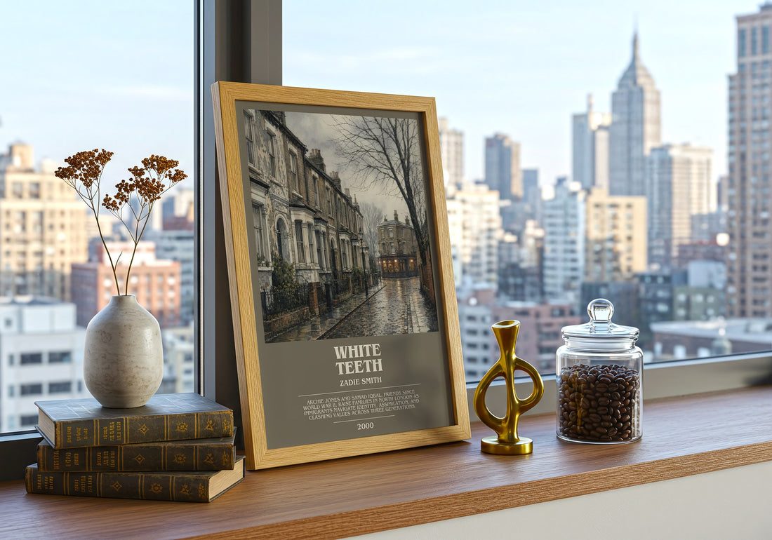 White Teeth bookish print framed by window – literary home decor