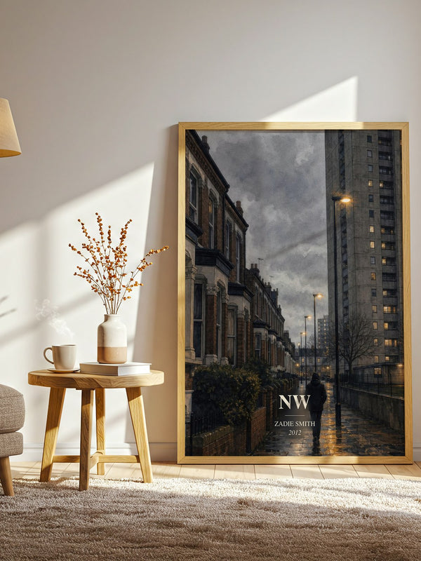 NW watercolour print in frame leaning in hallway – contemporary fiction wall art