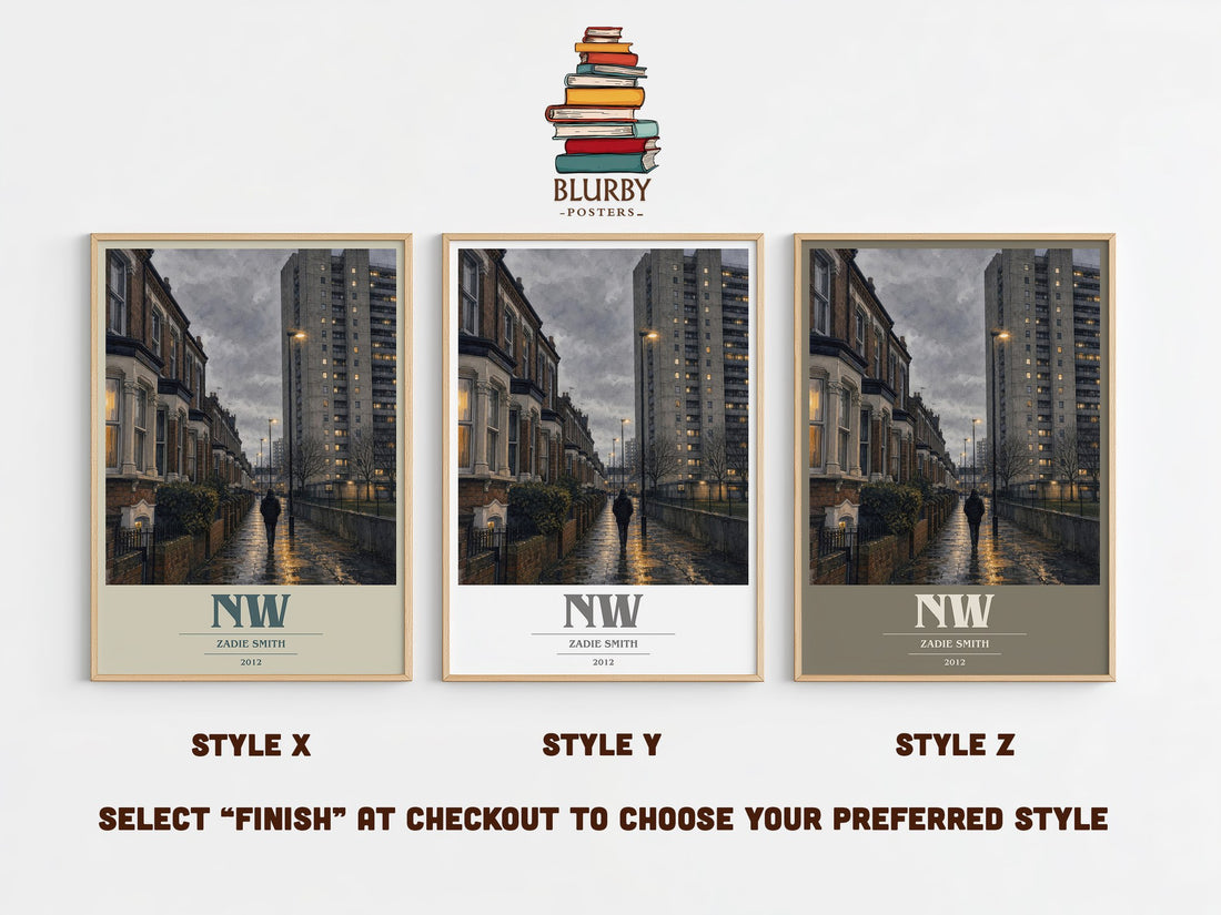 NW book cover print in frame leaning in hallway – contemporary fiction wall art (mockup)
