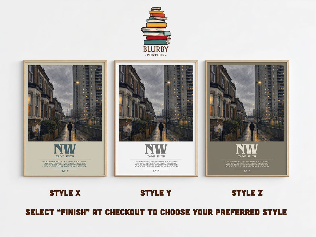 NW bookish print in frame leaning in hallway – contemporary fiction wall art (mockup)