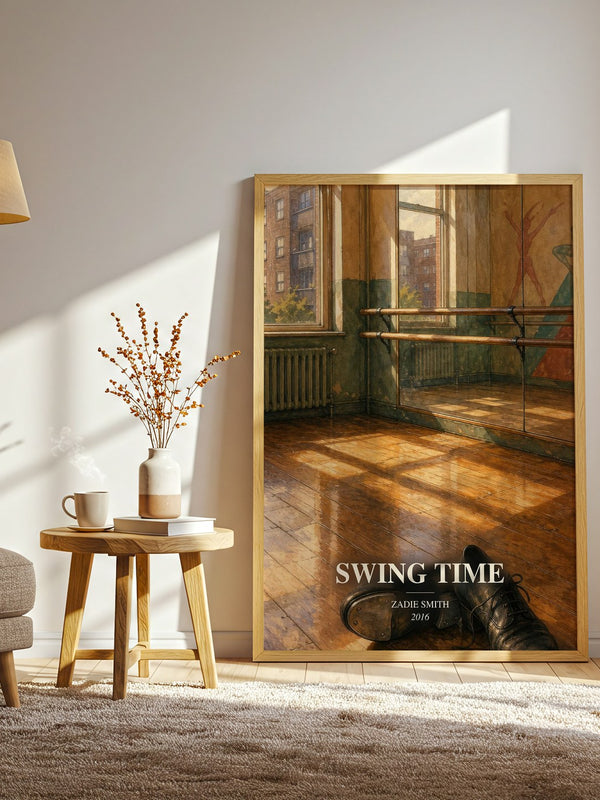 Swing Time watercolour print in frame leaning in hallway – literary fiction wall art