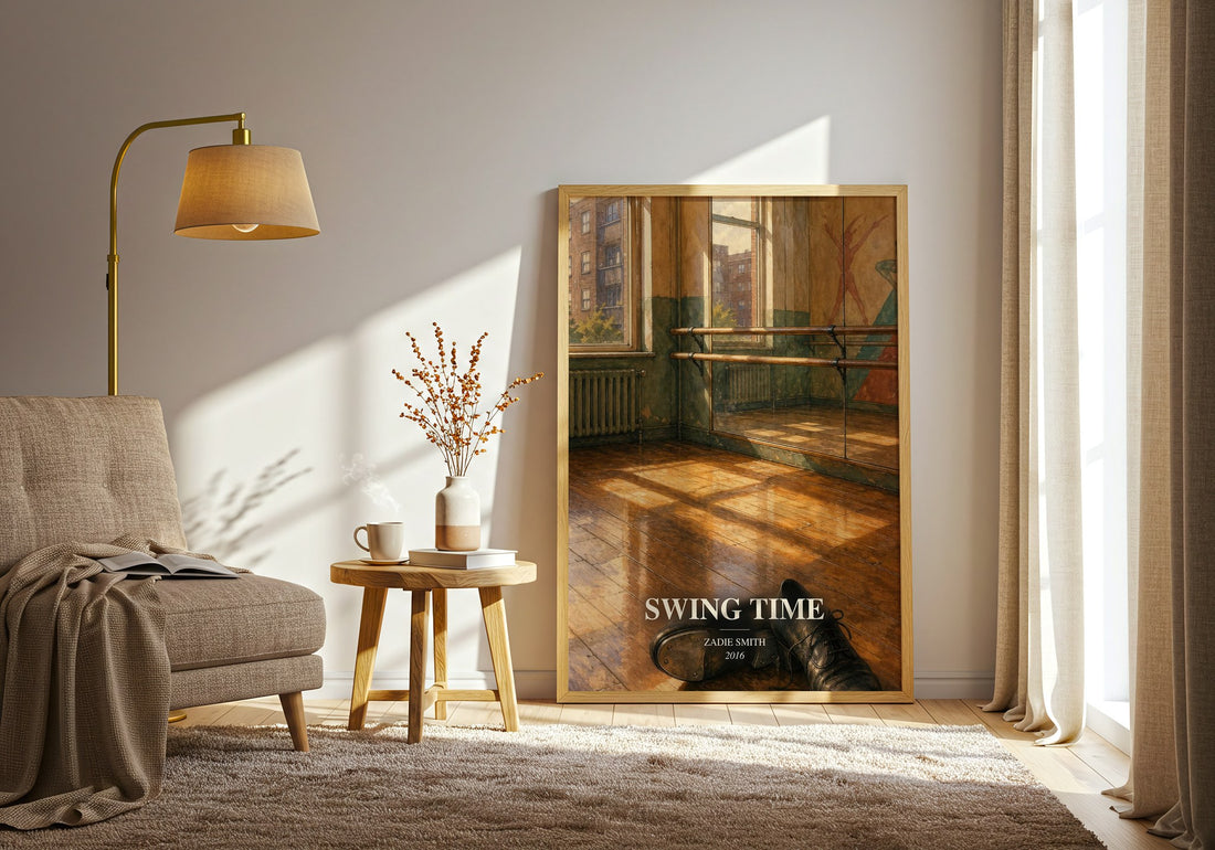 Swing Time watercolour print in frame leaning in hallway – literary fiction wall art (mockup)
