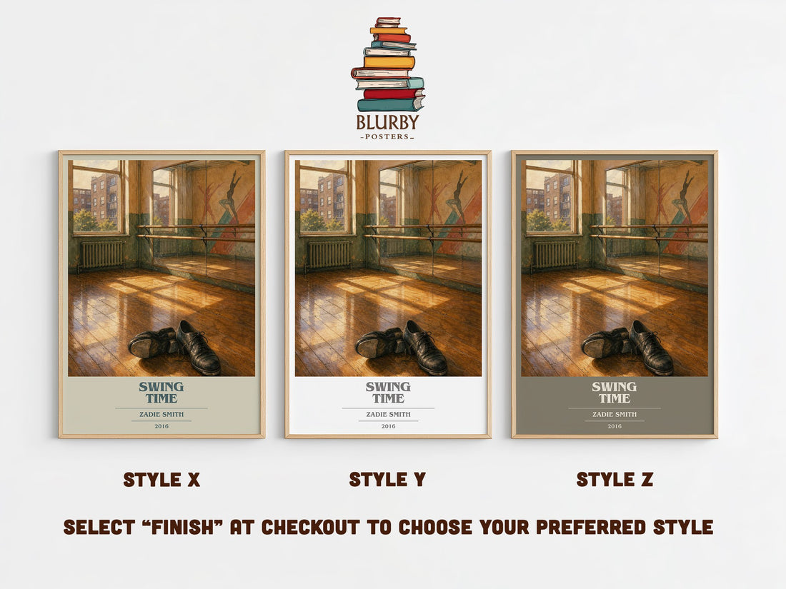 Swing Time book cover print in frame leaning in hallway – literary fiction wall art (mockup)