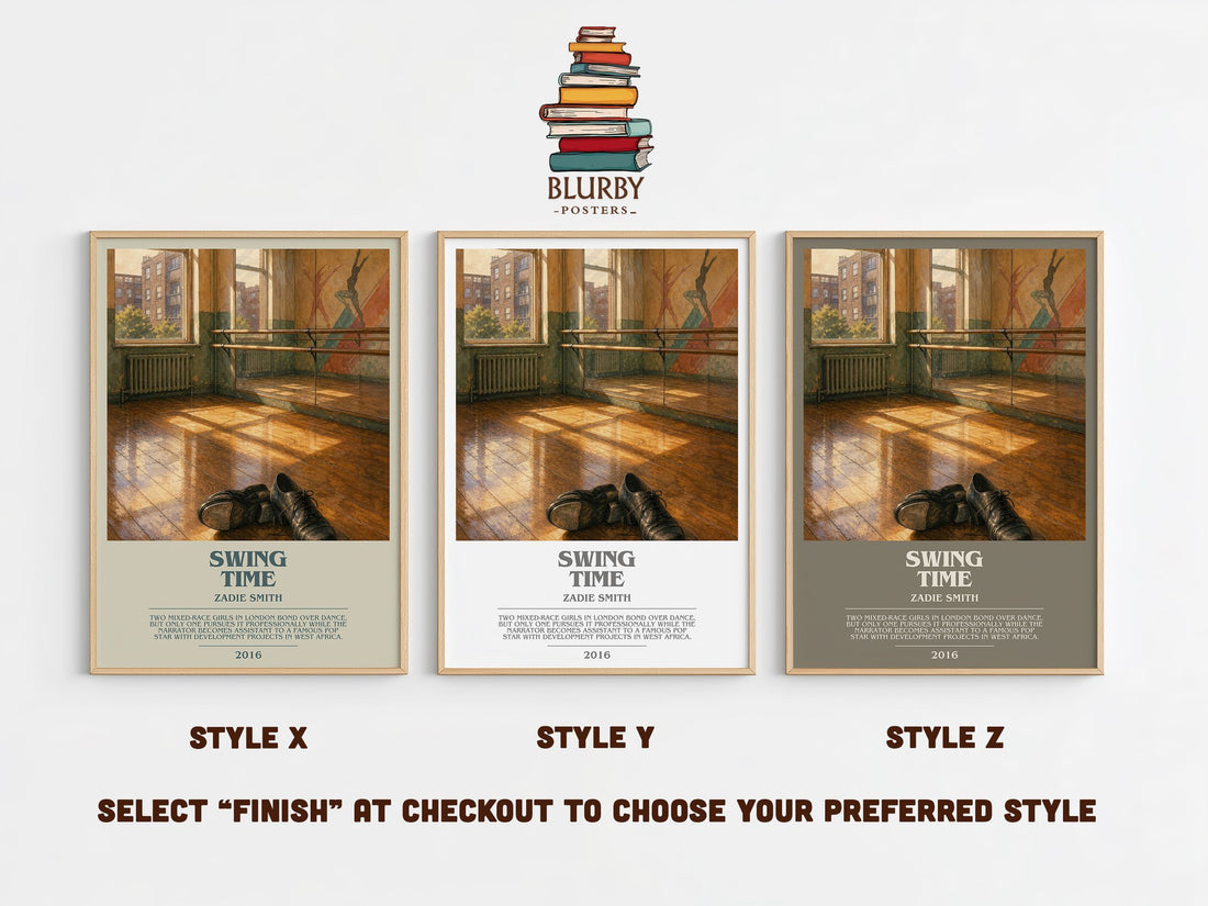 Swing Time bookish print in frame leaning in hallway – literary fiction wall art (mockup)