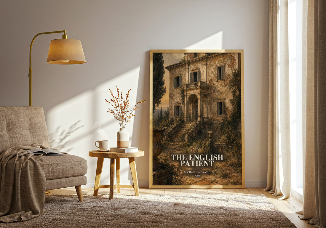 The English Patient watercolour print in frame leaning in hallway – literary fiction wall art (mockup)