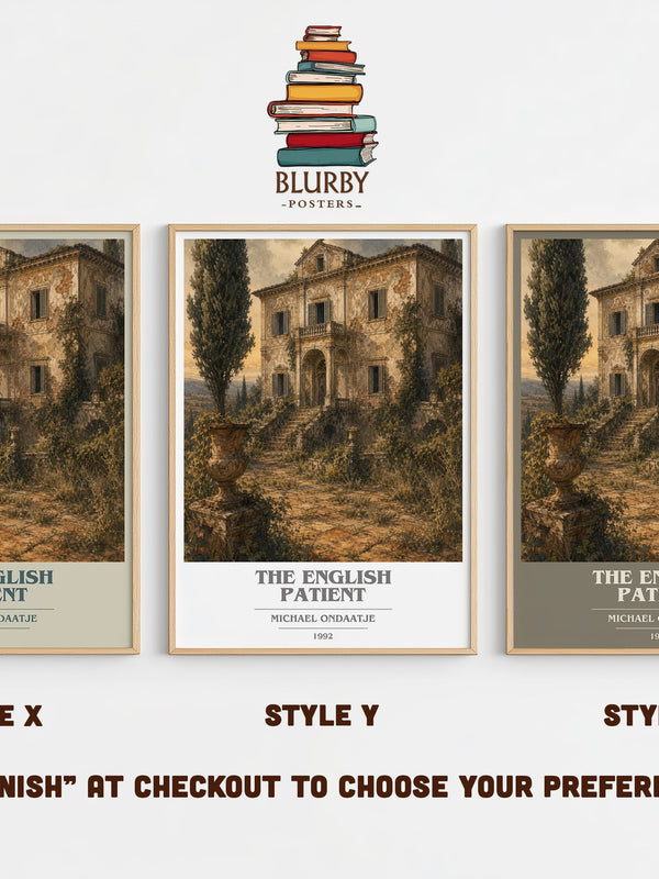 The English Patient book cover print in frame leaning in hallway – literary fiction wall art