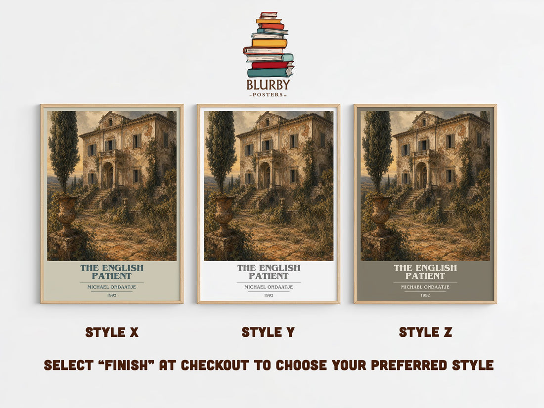 The English Patient book cover print in frame leaning in hallway – literary fiction wall art (mockup)