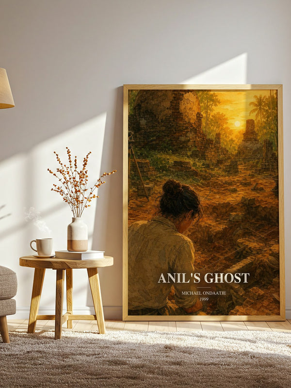 Anil's Ghost watercolour print in frame leaning in hallway – literary fiction wall art