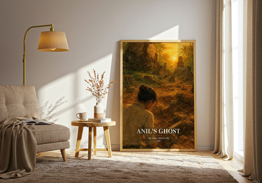 Anil's Ghost watercolour print in frame leaning in hallway – literary fiction wall art (mockup)