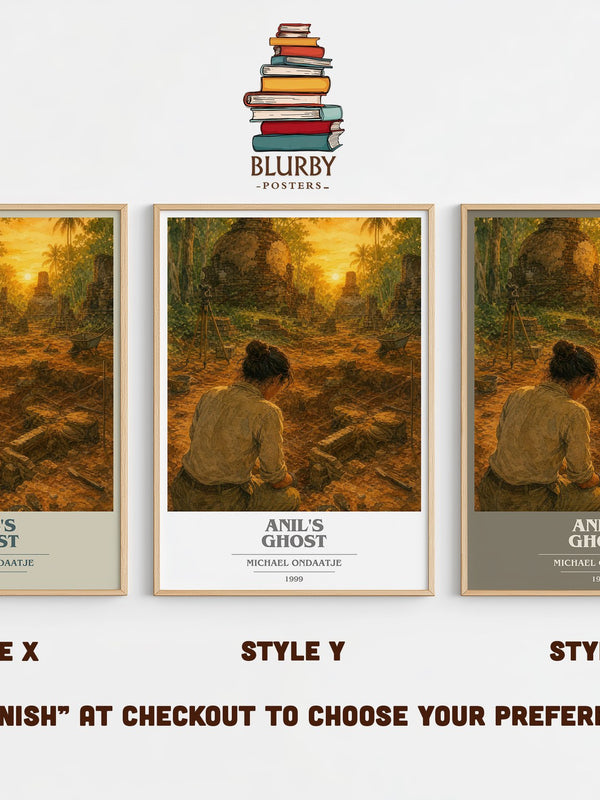 Anil's Ghost book cover print in frame leaning in hallway – literary fiction wall art