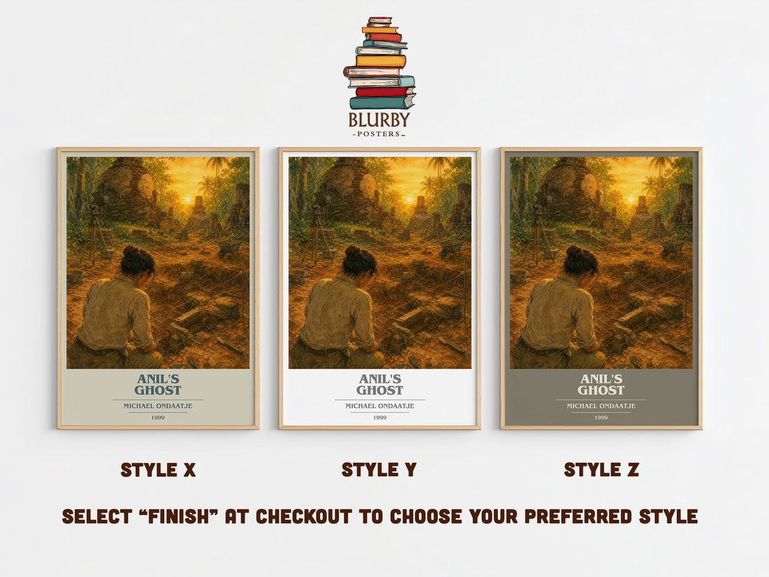 Anil's Ghost book cover print in frame leaning in hallway – literary fiction wall art (mockup)