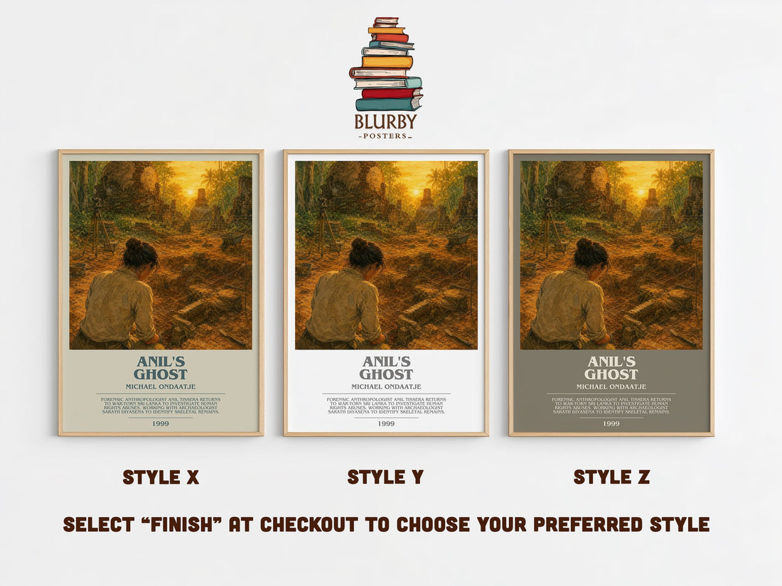 Anil's Ghost bookish print in frame leaning in hallway – literary fiction wall art (mockup)