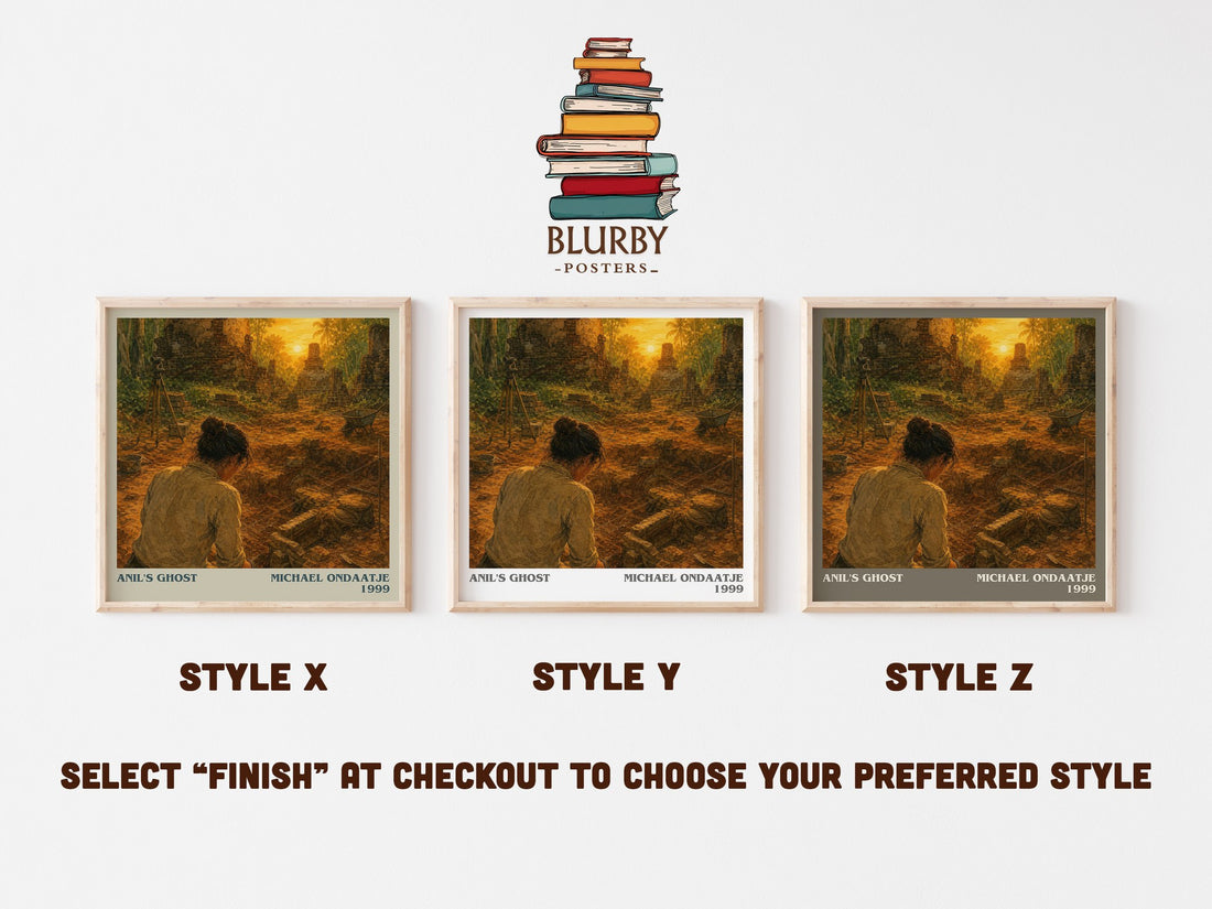 Anil's Ghost literary print in frame leaning in hallway – literary fiction wall art (mockup)