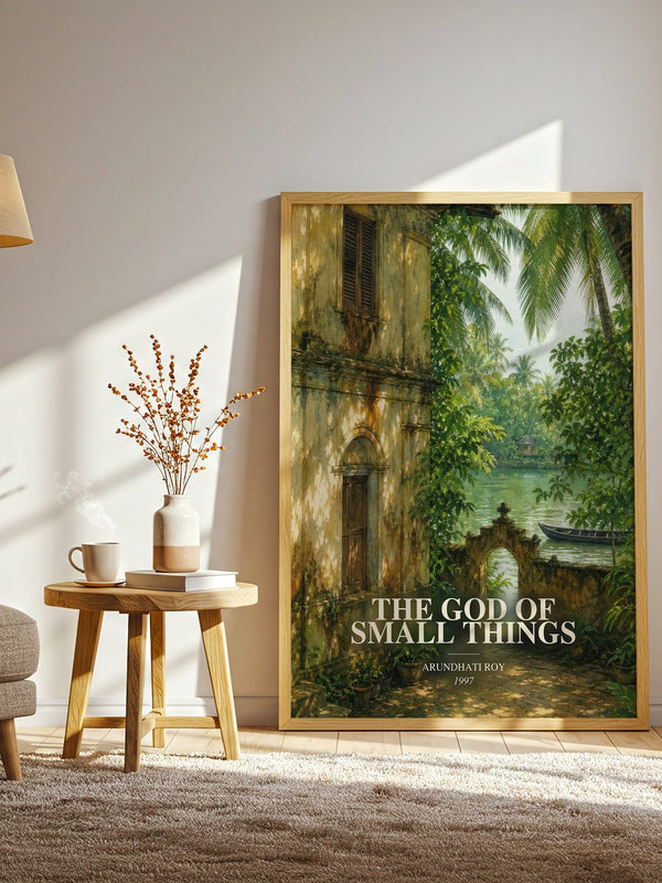 The God of Small Things watercolour print in frame leaning in hallway – literary fiction wall art